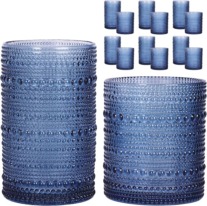 Moretoes 12 Pack Blue Hobnail Drinking Glasses,Vintage Water Glass Cups | Mixed Glassware Set, 6pcs 12oz Highballs and 6pcs 10oz Old Fashioned Glasses, Great for Cocktail, Whisky and Other Beverages