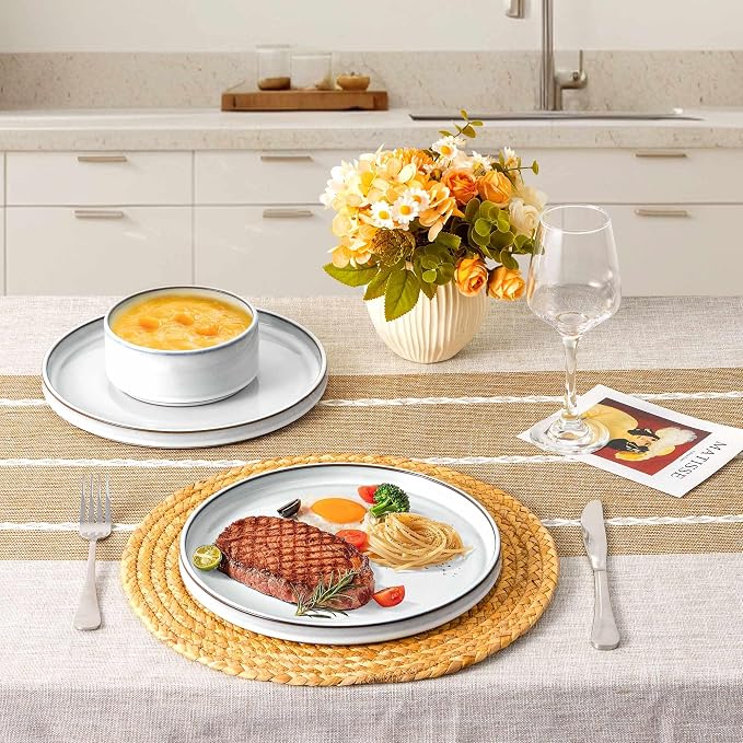 LIANYU 18 PCS Dinnerware Sets for 6, Stoneware Dinner Plates and Bowls Set | Dishware Dish for Home Kitchen Dining, Rustic Terracotta Bottom, Dishwasher & Microwave Safe, Lucent White