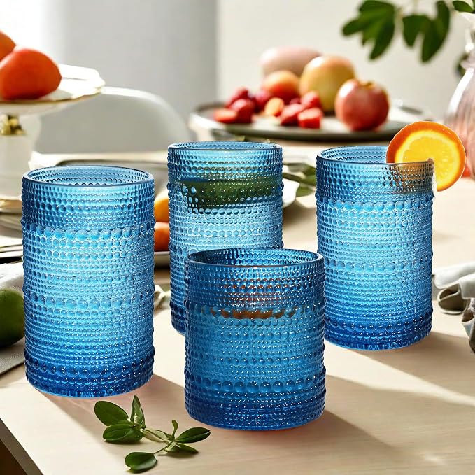 Vintage Hobnail Drinking Glass Set of 8-12 oz Highball & 10 oz Cocktail Tumblers for Whiskey, Juice, Milk