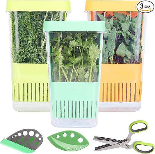 LUVCOSY Herb Keeper Set: 3 Pack Herb Saver+1 Pack Herb Scissors+2 Pack Herb Stripper, BPA-Free Plastic Herb Container for Cilantro, Mint & Asparagus, Keeps Fresh Herbs for 3 Times Longer