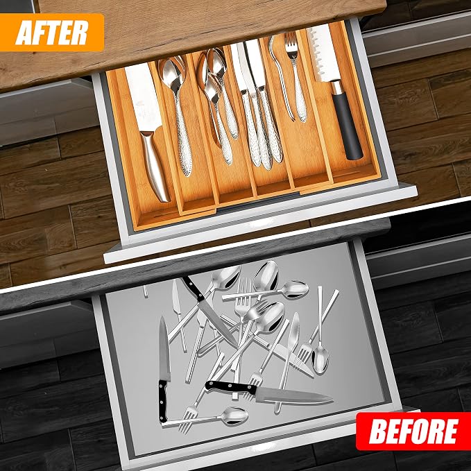Silverware Organizer Kitchen Drawer Organizer Expandable Bamboo Utensil Holder Cutlery Tray for Kitchen Utensil and Flatware Bedroom Office