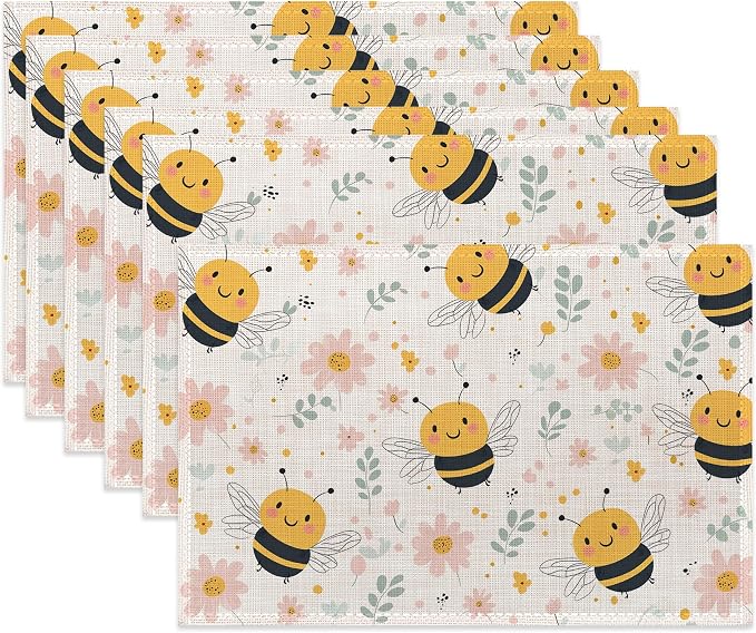 Table Placemats Set of 6,Cute Bee Cloth Placemats,Spring Flowers Heat-Resistant Table Mats for Kitchen Dining Room Decoration,Non-Slip Fabric Place Mats 11.8x17.7 Inch