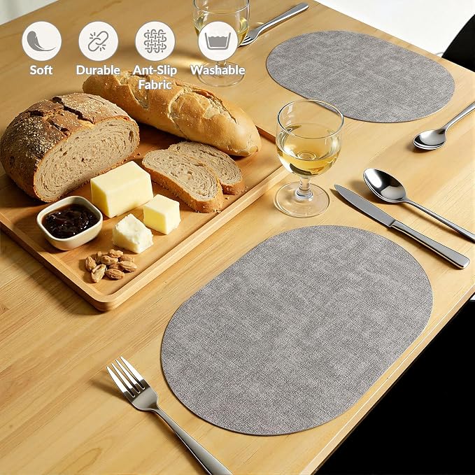 Placemats Set of 4, 11.8 x 17 Inch, Light Grey | Heat Resistant Oval Faux Leather Place Mats, Waterproof Wipeable Reversible PU Placemat, Indoor & Outdoor