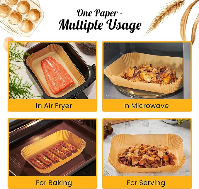 Rectangular Air Fryer Liners Disposable, 125 Pcs Parchment for Dual Baskets | Non-stick & oil-proof for easy cleanup, unbleached natural wood pulp, oven & microwave safe
