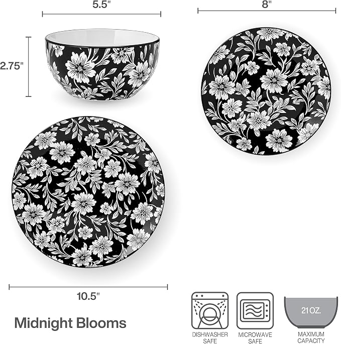 Pfaltzgraff Midnight Blooms 12 Piece Floral Stoneware Dinnerware Plate Bowl Dish Set, Service for 4, Black