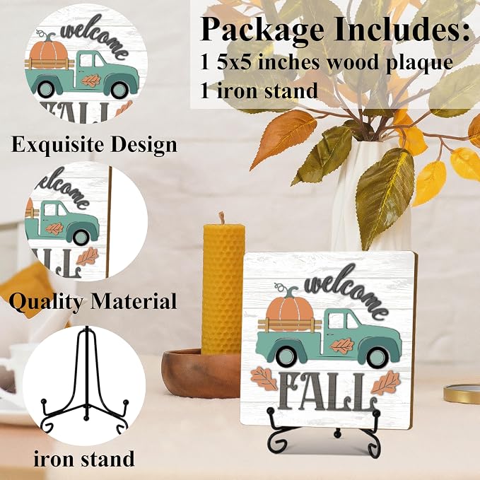 Fall Home Decor Indoor,Welcome Fall Thanksgiving Table Decor | 5"x5" Wood Plaque Gifts with Stand for Farmhouse Living Room Bathroom Kitchen Decoration - A01