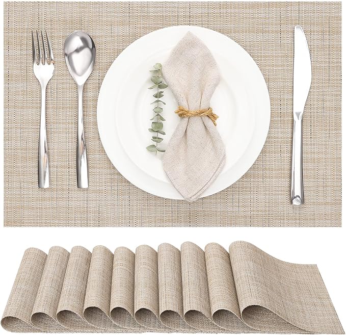 Myir JUN Placemats Set of 10 Kitchen and Dining Table Placemats | Vinyl Placemats Place Mats Indoor/Outdoor Set of 10 Washable Table Mats Non-Slip Place mats for Dining Table, Beige