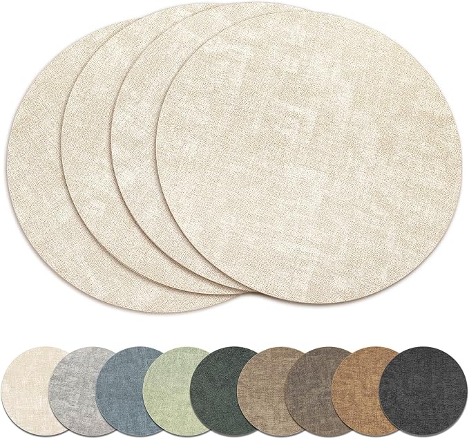 13" Round Placemats Set of 4, Reversible Faux Leather Wipeable Table Mats | 2mm Vinyl Heat Resistant, Waterproof Oilproof Scratch Proof Non-Slip, Washable for Kitchen Dining Indoor Outdoor (Beige)
