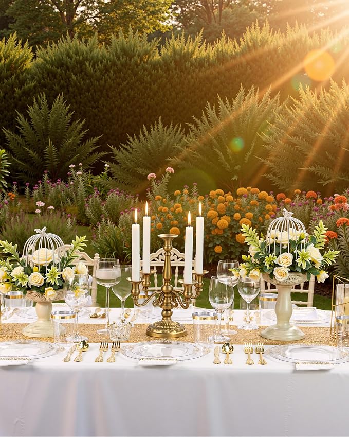 Nervure 175Pcs Clear Gold Plates, Disposable Party Plates for 25 Guests | 25 7.5" Dessert & 25 10.25" Dinner Disposable Plates, 75 Gold Cutlery, 25 9oz Cups, 25 Napkin for Wedding & Party, BPA-free