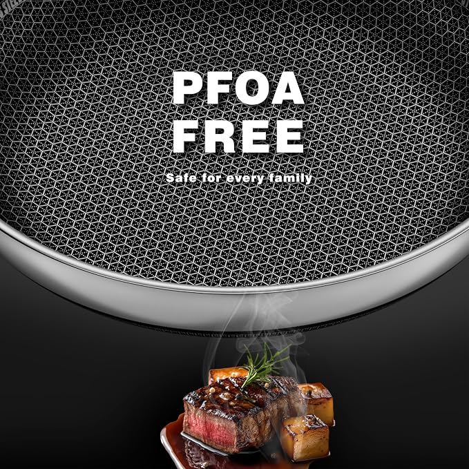 Non Stick Frying Pans w/ Lid, 12in 3-Ply Stainless Skillet, Hybrid Ceramic Coating, PFOA/PFAS/PTFE-Free, Induction Compatible, Dishwasher Oven Safe, Metal Utensil Safe, Scratch-Proof, Stay-Cool Handle