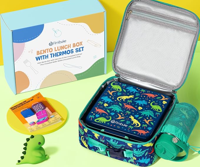 Fimibuke Bento Box for Kids Adult - Leakproof 3-4 Compartments Lunch Bento Box Set with Insulated Food Jar, Water Bottle, Lunch Bag, Sauce Cup & Cutlery for Toddler Teen Shcool Girl Boy Age 3+