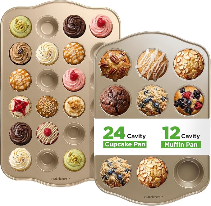 NutriChef Variety 2 Pack Muffin & Cupcake Tray Beginner Baking Set | 12-Cavity Muffin Tray & 24-Cavity Cupcake Tray for Baking | Carbon Steel Bakeware Set | Oven Safe Up To 450°F | Champagne