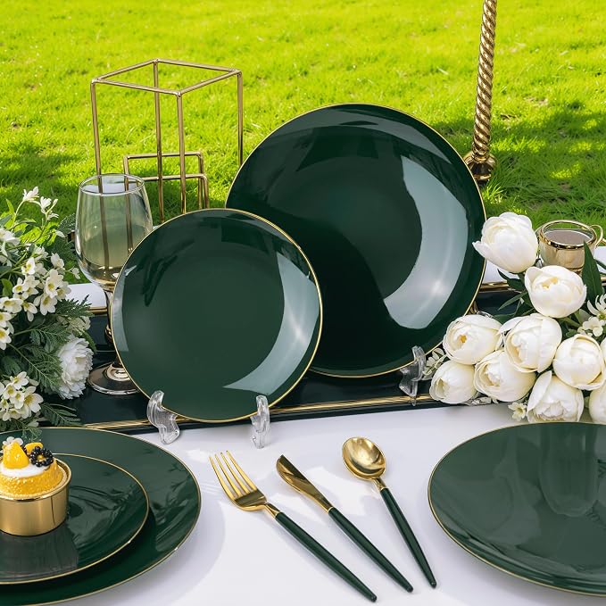 DaYammi 150Pcs Green Plastic Plates with Gold Rim,Gold and Green Disposable Plates with Cutlery Included 30 Dinner Plate,30 Dessert Plate,30 Knives,30 Forks,30 Spoon, green plates for Party Dinner