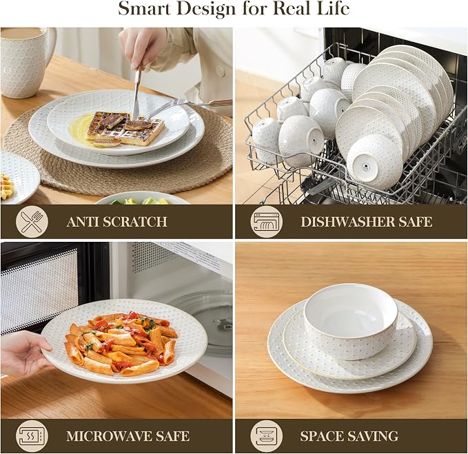 MALACASA 16 Pieces Dinnerware Set, Farmhouse Style Stoneware Plates and Bowls Sets for 4, Embossed Boho Ceramic Dish Set with Mugs, Microwave & Dishwasher Safe, Series LYDIA