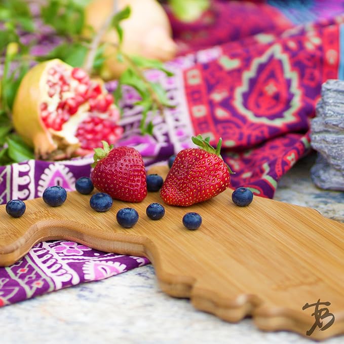 Totally Bamboo Florida State Shaped Serving & Cutting Board | State charcuterie board with natural bamboo grain. Knife-friendly surface for food prep. Hang tie for wall display.