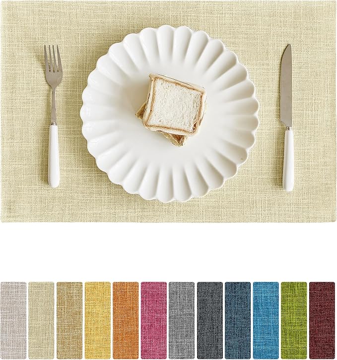 Softalker Faux Linen Placemats Set of 4-12 x 18 Inch, Heat Resistant Double Layered Durable Burlap Farmhouse Place Mats, Non-Slip Washable Rustic Table Mats for Dining, Kitchen, Party（Light Linen