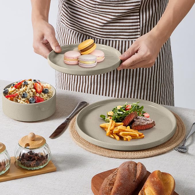 E-far 16-Piece Stoneware Dinnerware Sets with Pasta Bowls, Speckled Khaki | Plates and Bowls Sets for 4, Chip and Scratch Resistant, Microwave & Dishwasher Safe Kitchen Modern Dish Set