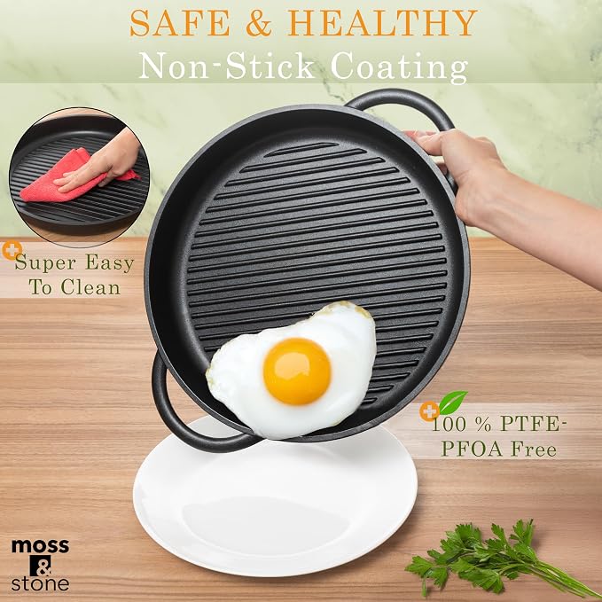 Moss & Stone 12" Grill Pan for Indoor Cooking, Nonstick Pan with Glass Lid | Aluminum Griddle Pan for Stove Top & Induction, Glass Lid, Silicone Handles, Dishwasher & Oven Safe, PFOA Free
