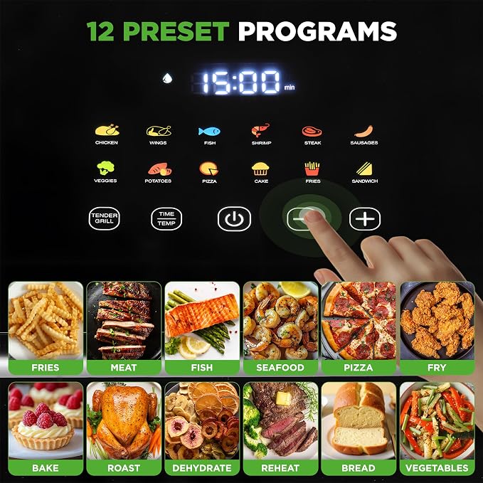 Nutrichef Electric Air Fryer Large 6.3 Quart Capacity | 12-1 Preset Cooking Functions | Includes Tenderizing Function | Digital Display | Transparent Window For Best Cooking Results | Black