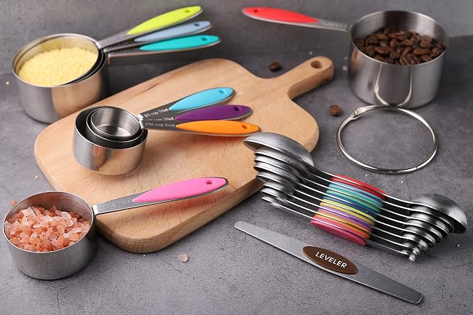 Measuring Cups and Spoons Set of 17 Double Sided Magnetic Measuring Spoons | Stainless Steel Stackable Measuring Cups Magnetic Measuring Spoons Set with 1 Leveler for Dry and Liquid Ingredients