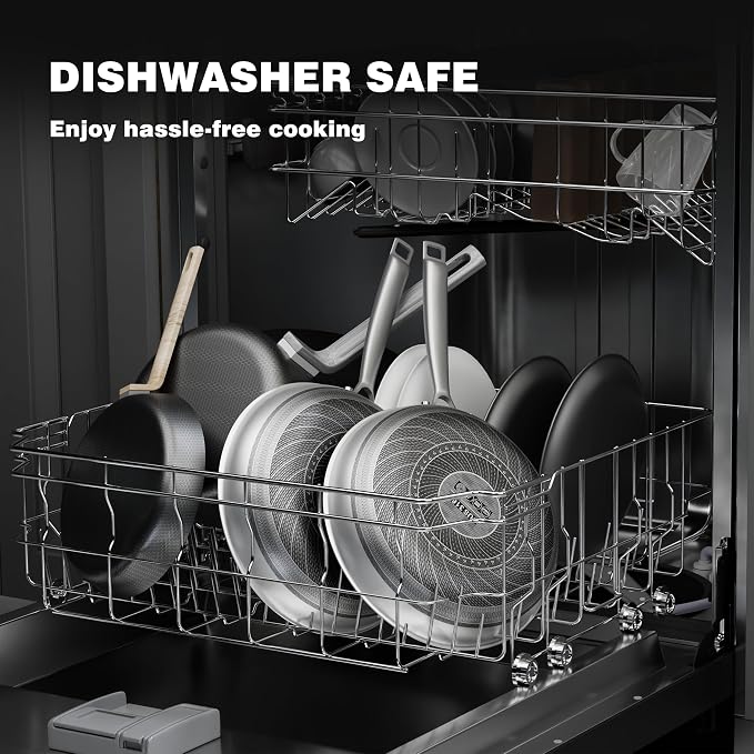 Non Stick Frying Pans w/ Lid, 12in 3-Ply Stainless Skillet, Hybrid Ceramic Coating, PFOA/PFAS/PTFE-Free, Induction Compatible, Dishwasher Oven Safe, Metal Utensil Safe, Scratch-Proof, Stay-Cool Handle