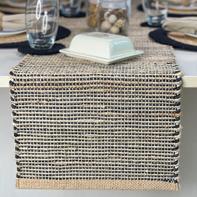 Natural Jute Table Runner 13x72 Inch – Vintage Boho Rustic Table Decor – Handwoven Table Runner in Natural Jute and Black – Farmhouse Dining or Console Table Accent