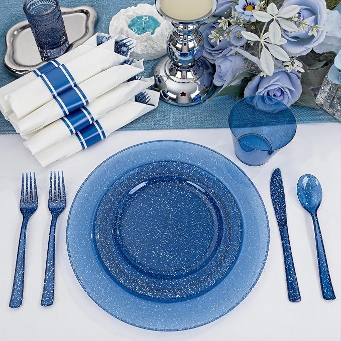 DaYammi 350 Pieces Cobalt Blue Glitter Dinnerware Set 50 Guest for Party- 50 Dinner Plates, 50 Dessert Plates -50 Per Rolled Napkins with Blue Cutlery - 50 Disposable Cups 9 OZ