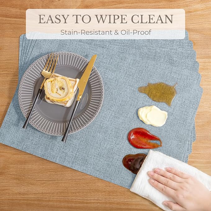 Romanstile Vinyl Placemats Set of 6-12 X 17 Inch - Faux Leather 100% Waterproof Wipeable Anti Slip Place Mats, Heat Resistant Reversible PU Table Mats for Kitchen Dining Party Outdoor, Sky Blue