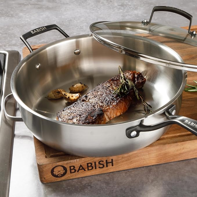 Babish 5-Qt Stainless Steel Sauté Pan with Lid – Heavy Duty Nonstick-Ready, Oven & Induction Safe, Everyday Kitchen Cookware