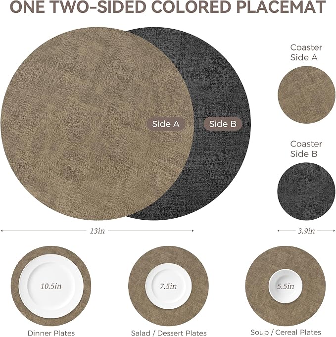NCUE 13" Faux Leather Round Placemats Set of 6, Reversible Dual-Color | With 3.9" Coasters, 2 mm Vinyl Table Mats, Waterproof Wipeable Heat Resistant, Non-Slip Texture, for Dinner Party Home Decor