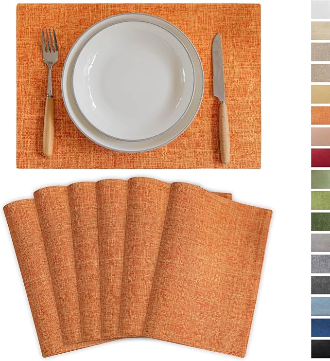 Demetex Orange Placemats Set of 6 Fall Linen Place Mats Modern Washable Table Plate Mats for Dinner Banquet Buffet Restaurant Dining Room, 13x19 inch, Orange
