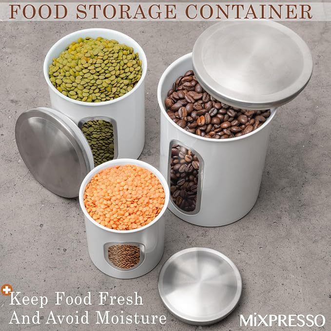 Mixpresso 3-Pcs White Canisters Set for Kitchen Storage Airtight Jars | See-through window, coffee container, tea organizer, sugar canister, 3 nesting sizes, counter decor, easy press-on lids