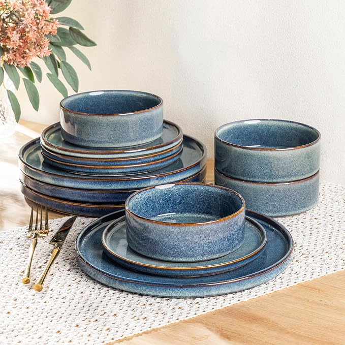 AmorArc Ceramic Dinnerware Sets for 4,12 Piece Plates and Bowls Sets Dishes | Stoneware Handmade Reactive Glaze Dishes Set | Highly Chip and Crack Resistant | Dishwasher & Microwave Safe