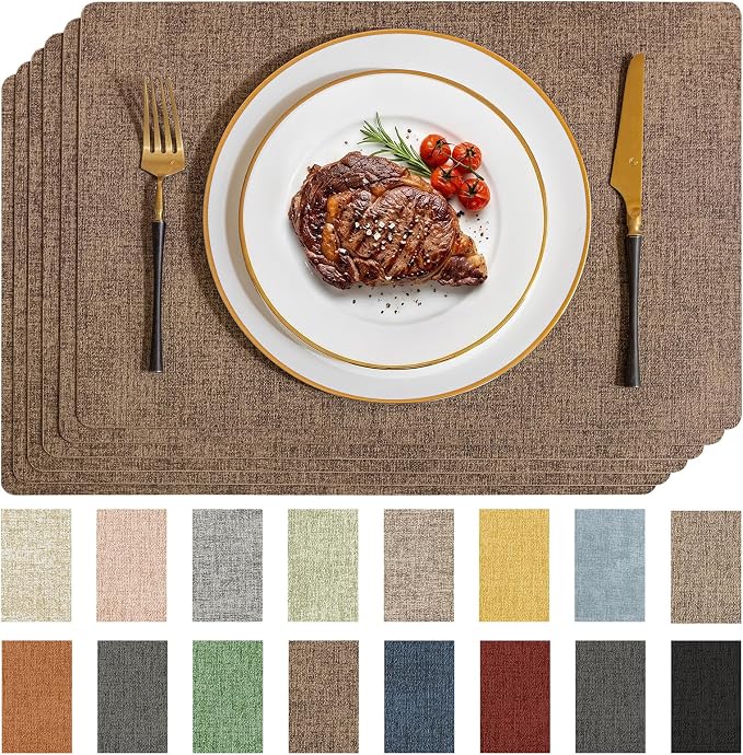Romanstile Vinyl Placemats Set of 6-12 X 17 Inch - Faux Leather 100% Waterproof Wipeable Anti Slip Place Mats, Heat Resistant Reversible PU Table Mats for Kitchen Dining Party Outdoor, Brown