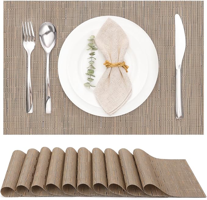 Myir JUN Placemats Set of 10 Kitchen and Dining Table Placemats | Vinyl Placemats Place Mats Indoor/Outdoor Set of 10 Washable Table Mats Non-Slip Place mats for Dining Table, Light Brown