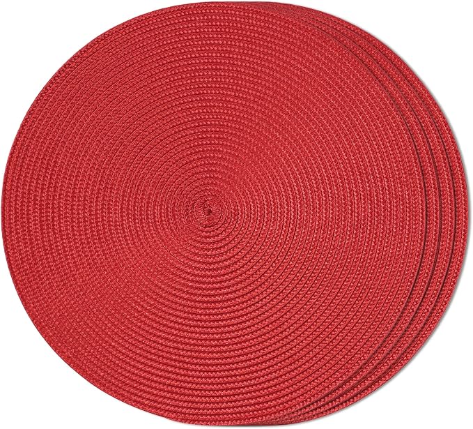 FunWheat Round Braided Placemats Set of 4 Table Mats for Dining Tables Woven Washable Non-Slip Place mats 15inch (Red, 4pcs)