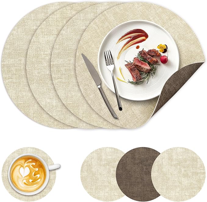 NCUE 13" Faux Leather Round Placemats Set of 4, Reversible Dual-Color | With 3.9" Coasters, 2 mm Vinyl Table Mats, Waterproof Wipeable Heat Resistant, Non-Slip Texture, for Dinner Party Home Decor