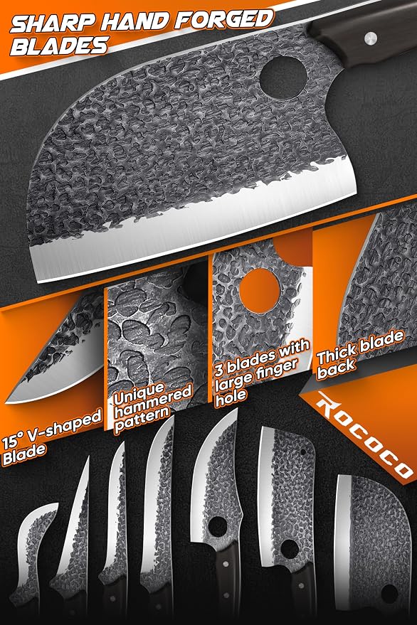 ROCOCO Butcher Cleaver Knife Set - 13PCS Serbian Chef Viking Boning Knife | Meat Cutting Knives with Roll Bag for Kitchen Outdoor BBQ Camping Birthday Christmas Father Mother Gift Idea Men