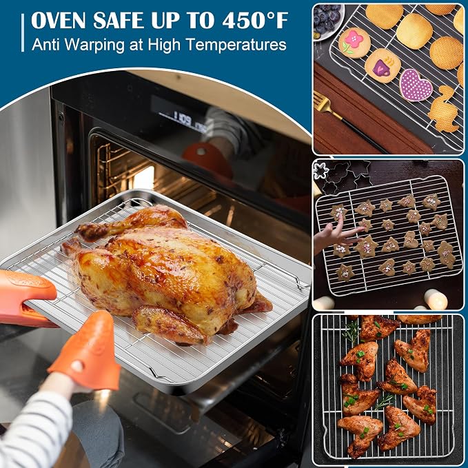 E-far Half Baking Sheet with Wire Rack, Stainless Steel 2 Pans + 2 Racks | 18 x 13 Inch Cookie Sheets Pan & Cooling Rack for Baking Cookies Cake, Non Toxic & Heavy Duty, Oven & Dishwasher Safe