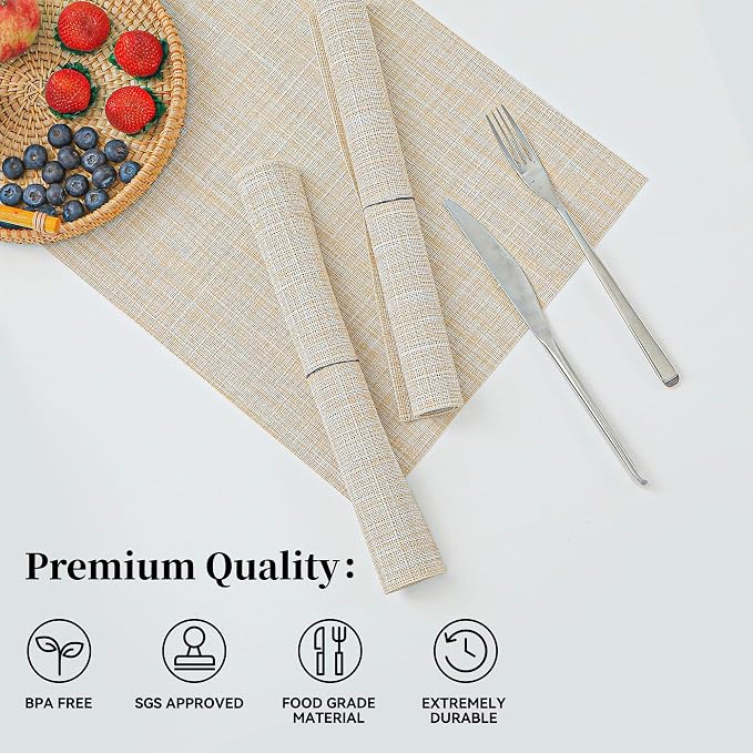 Leetaltree Beige Placemats Set of 24 - Heat Resistant Non-Slip Place mats for Dining Table, Washable Durable PVC Vinyl Woven Table Mats(Beige, 24)