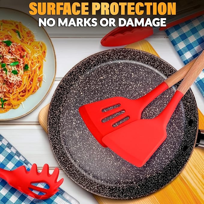 12 Pcs Red Kitchen Utensils Set with Holder – Versatile Silicone Utensils Set for Cooking and Baking, Gentle on Pots and Pans, Heat-Resistant, Stylish, Easy to Clean, Red Kitchen Accessories