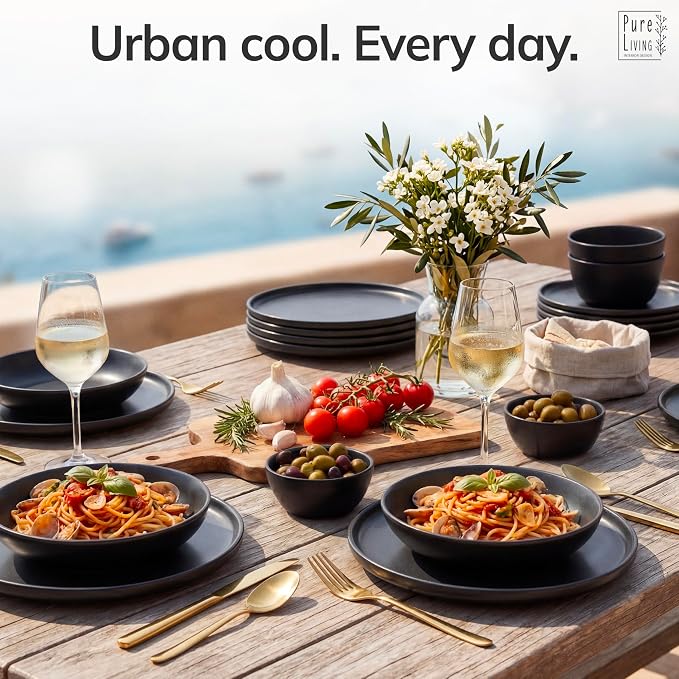 16 Piece Black Dinnerware Set for 4 | Matte Black Plates and Bowls Sets, Modern Stoneware Black Dishes Set | Scratch Resistant, Dishwasher & Microwave Safe | Matte Black Finish Ultra-Chic & Modern