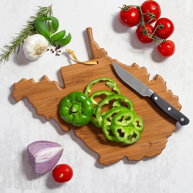 Totally Bamboo West Virginia State Shaped Cutting Board, Summer Stokes Art | State charcuterie board with colorful hand-drawn landscape art. Smooth reverse side for food prep. Hang tie for wall display.