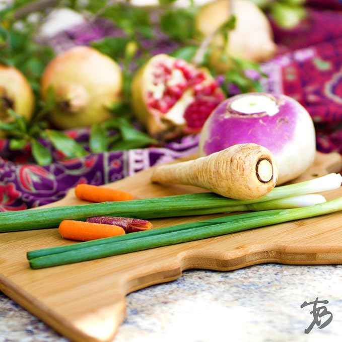 Totally Bamboo Minnesota State Shaped Bamboo Serving and Cutting Board | State charcuterie board with natural bamboo grain. Knife-friendly surface for food prep. Hang tie for wall display.