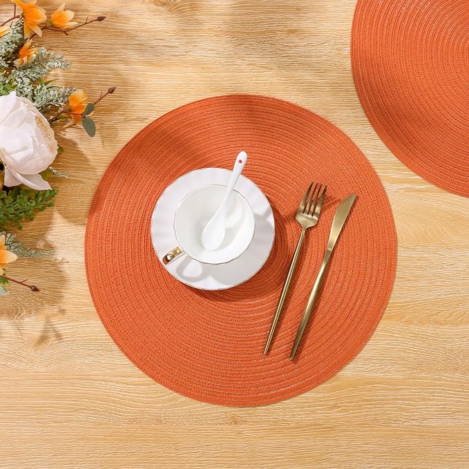 SHACOS Round Placemats Set of 4 for Dining Table Autumn Fall Round Braided Place Mats Washable Non Slip Kitchen Table Mats Decor, Bright Orange
