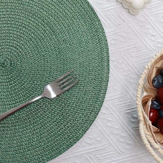 Winknowl 15 Inch Round Braided Placemats Set of 8, Washable Cotton Polyester Table Mats, Heat Resistant Non-Slip Place Mats for Kitchen Dining Table Decor (Olive,8pcs)
