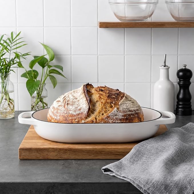 Enameled Cast Iron Dutch Oven Pot with Dome Lid, Oval Bread Oven for Homemade Sourdough Bread Baking, Oven Safe up to 500°F, 6 Quart, White