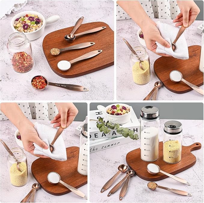 Measuring Cups and Spoons Set, 12 Pieces Stainless Steel Measuring Cup Set, Metal Copper Measuring Cups Spoons, Dry & Liquid Kitchen Measure Cup Spoon & Leveler & Measure Equivalents