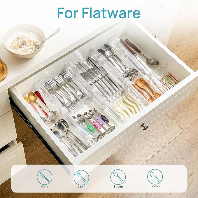 Vtopmart 2.36" Drawer Dividers with Expandable Inserts, 12.8"-22.3", 6 Pack | Adjustable Kitchen Drawer Organizer, Clear Organizer Separator for Flatware, Utensil, Cutlery, 6 Dividers with 10 Inserts