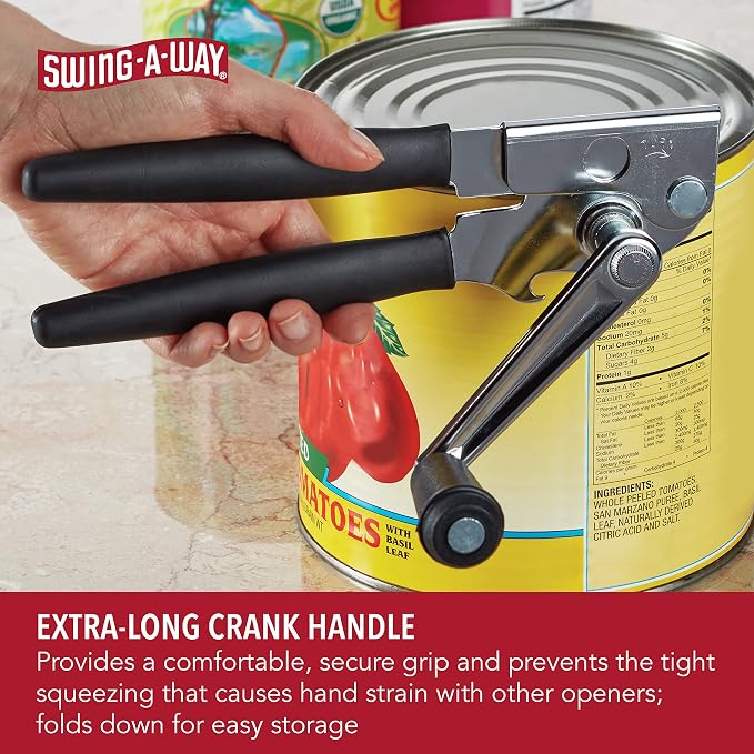 Swing-A-Way Easy-Crank Can Opener with Folding Crank Handle, Black, 3.50 x 4.50 x 10.50 | 8.9" Can Opener with High-Carbon Wheel - Skip-Proof Feed & Integrated Bottle Opener for Easy Operation